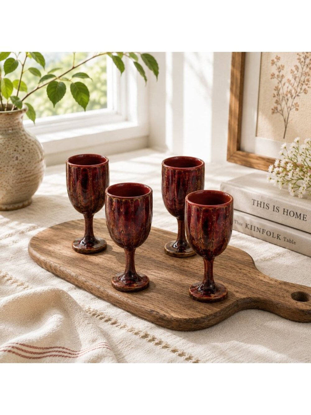 Set of 4 Vintage Lightweight Resin Goblets With Glossy Glazed Brown & Red Finish